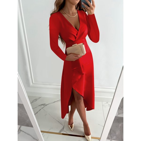 Women's autumn and winter long-sleeved V-neck pleated hem slit dress for women