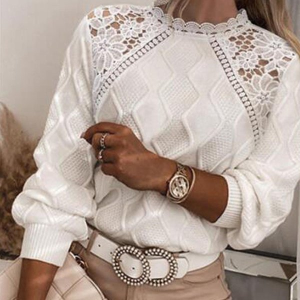 Women's Clothing Lace Lace Shoulder Sweater Women's Tops Temperament Slim Knitted Sweater Women's Knitted Pullover Top-image