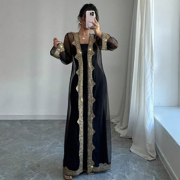Elegant Muslim Abaya Dress Set – Long Sleeve Embroidered Tulle Dress With Matching Open Front Cover, Fall/Winter Modest Fashion