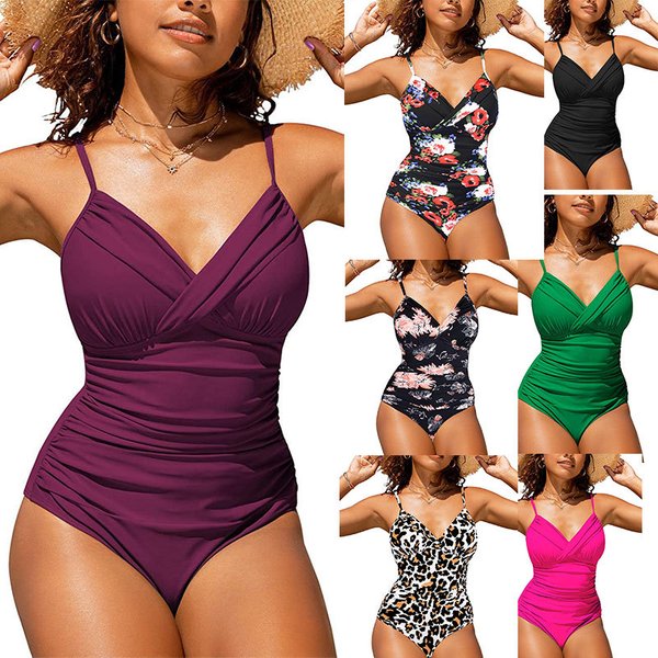 Women's Clothing Swimsuit Sexy Solid Color Cross Pleated Tight One Piece Bikini