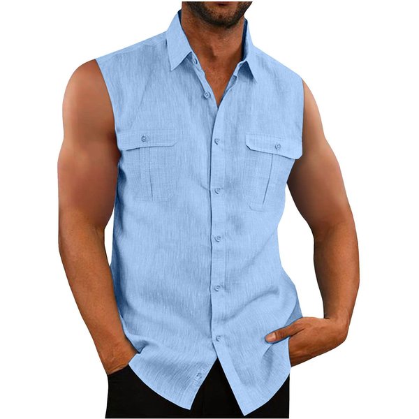 Men's Clothing Men's Shirt Double Pocket Cotton And Linen Sleeveless Shirt Casual Vacation Shirt