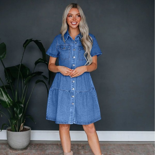 Women's Clothing Short Sleeved Lapel Casual Style Cowgirl Dress-image