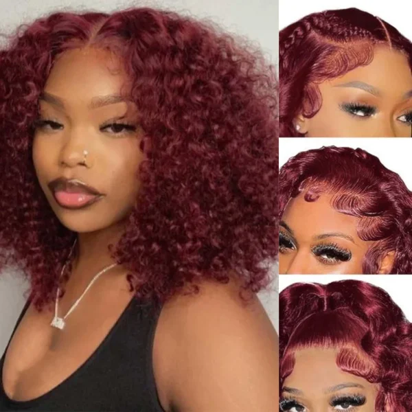 99J Burgundy Color Kinky Curly Human Hair Bob Wig 4x4 Closure Lace Front Short Bob Wig