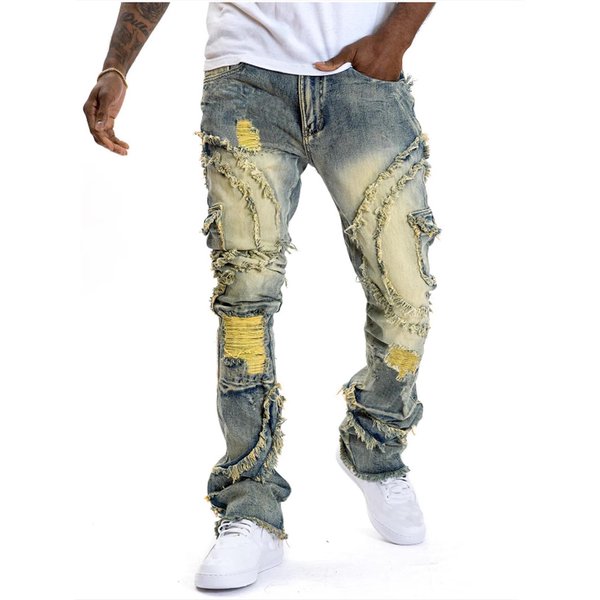 Men's Clothing 2025 Cross Border European And American Men's Ripped Flared Tassel Stretch Jeans New Style-image