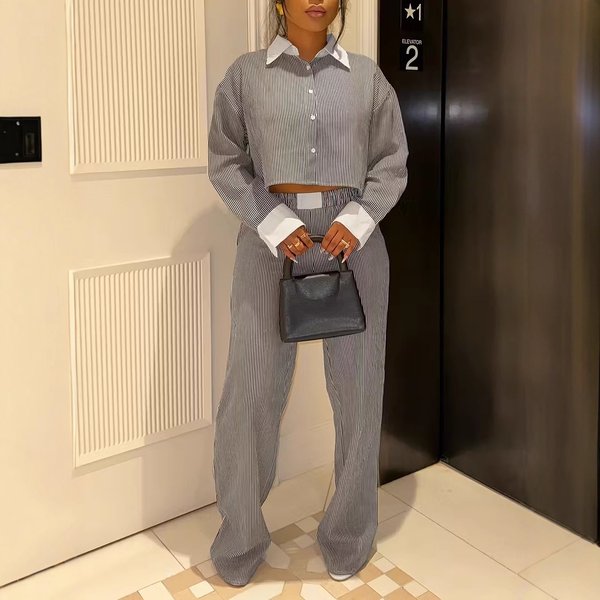 Women's Clothing Long Sleeved Shirt Two Piece Set Women's British Style Long Sleeve Shirt & Pants Set - Zebra Striped Office Wear Two-Piece Outfit-image