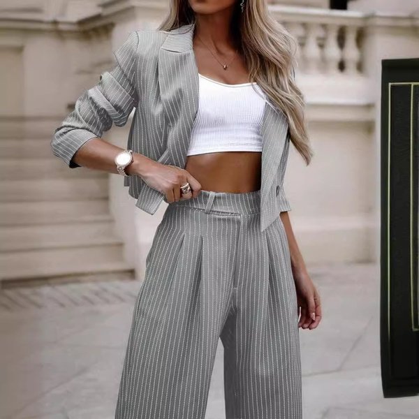 Women's Clothing Temperament Casual Striped Short Lapel Suit Straight Pants Suit-image