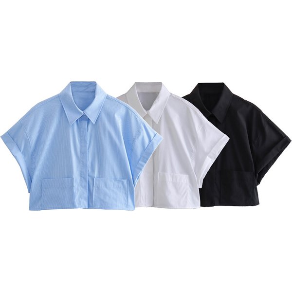 Summer New European And American Style Loose Short Pocket Decoration Poplin Shirt