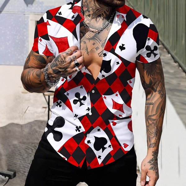Men's Clothing Short Sleeved Elastic Poker Print Casual Shirt