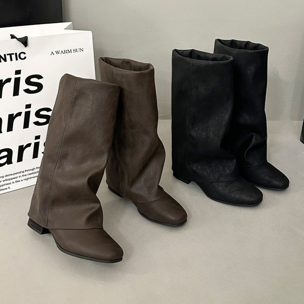 Brown Vintage Chunky Heel High-tube Riding Early Autumn New Long French Women's Boots, Western Cowboy Boots