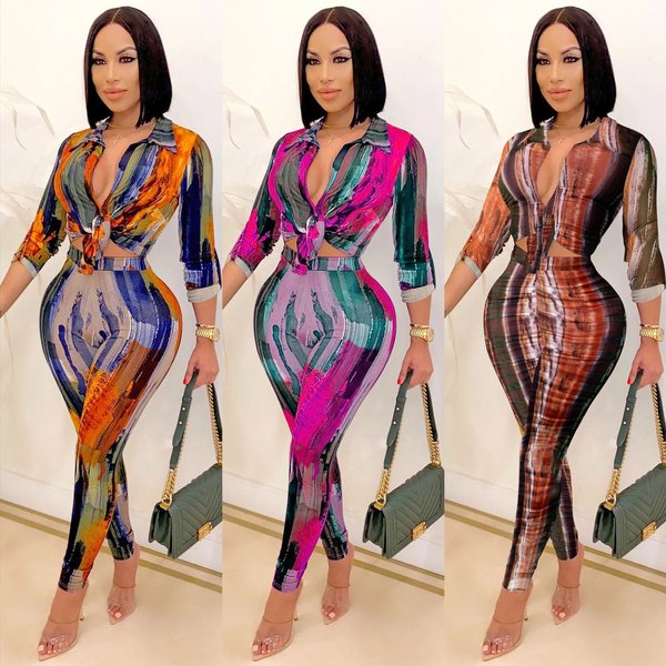 Women's Clothing New Fashion Digital Printing V-Neck Long-Sleeved Trousers Two-Piece Set For Women-image