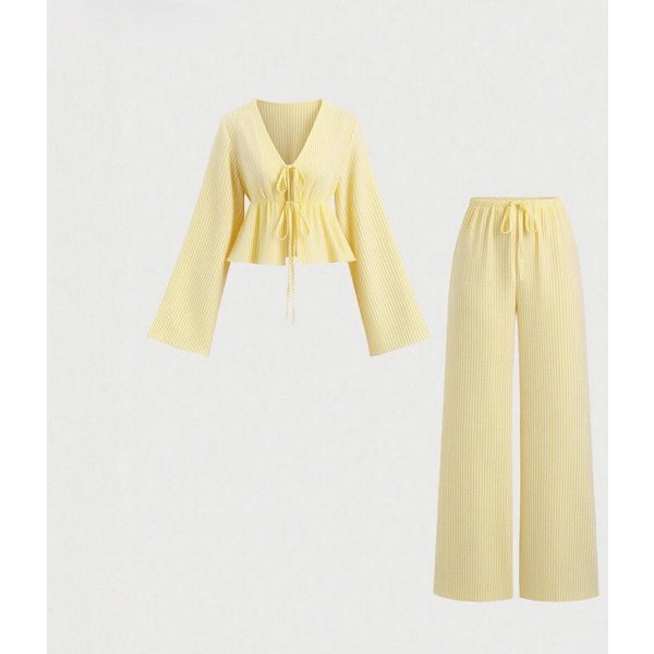 Women's Casual Two-Piece Set - Striped Long Sleeve Tie-Front Top & Wide Leg Pants, Comfortable & Stylish Outfit For Spring