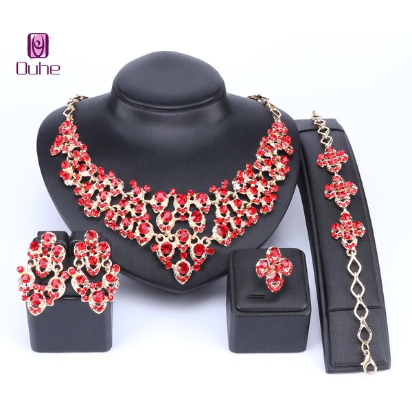 Trendy Design Wedding Red Rhinestone Gold Color Jewelry Sets Earrings Bracelets Necklace Rings For Women
