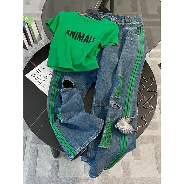 Women's Fashion Two Piece Suit Green Straight Shoulder T-Shirt High Waist Ripped Jeans Spring Autumn Summer Winter Outfit-image