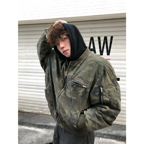 Two Piece Camouflage Cotton Jacket For Men, Winter Bomb Jacket, Hooded Flight Jacket-image