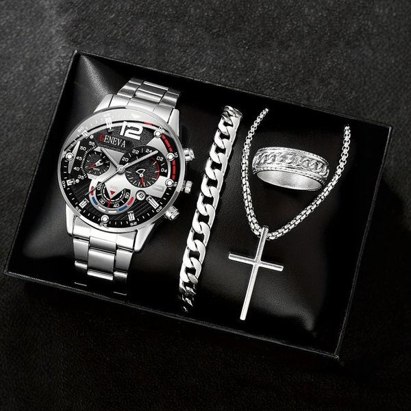 Men's Watches Men's Fashion Steel Band Casual Business Calendar Quartz Watch Ring Cross Necklace Bracelet Set-image