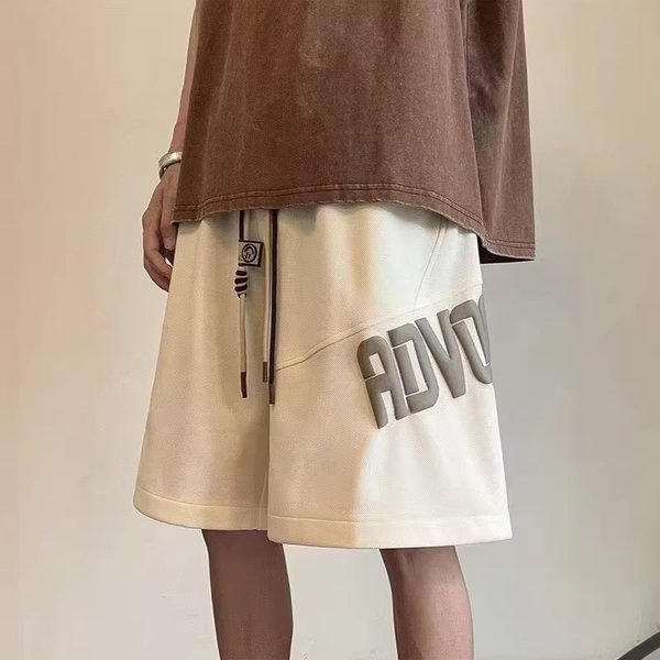 Men's High Street Khaki Casual Pants Summer Thin Trendy Loose Fit Basketball Shorts Mid Waist Drawstring-image