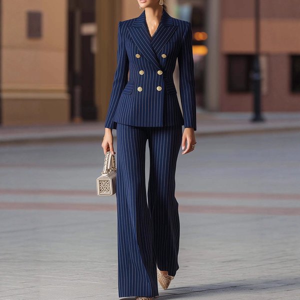 Women's Clothing Chic Striped Blazer & Pants Set – Slim-Fit Office Suit For Women, Professional & Stylish (Navy, Black)-image