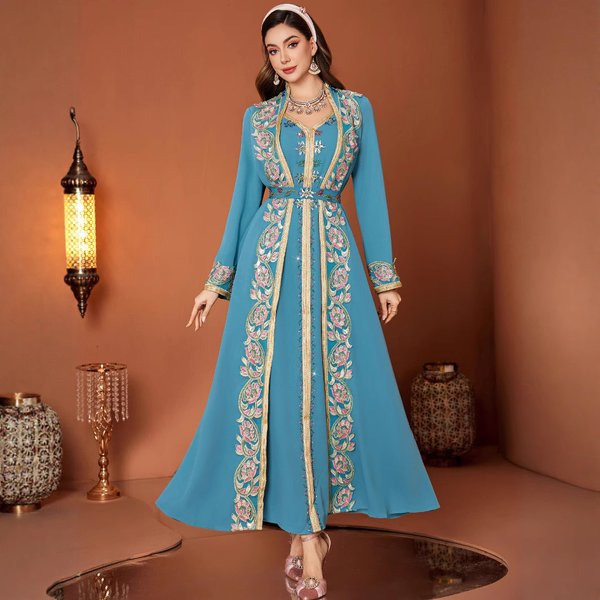 "Lace Trim V-Neck Belted Dress - Elegant Two-Piece Style Maxi Dress With Embroidery & Metallic Accents, Peacock Blue Long Sleeve Gown"-image