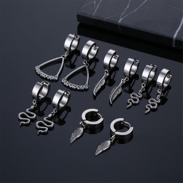Stainless Steel Niche Feather Ear Cuffs Trendy Men's Hip-Hop Personality Exaggerated Stud Earrings-image
