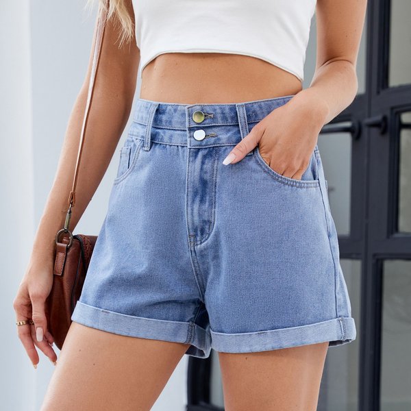 Women's Clothing Washed Classic Loose Curling Casual Denim Shorts-image