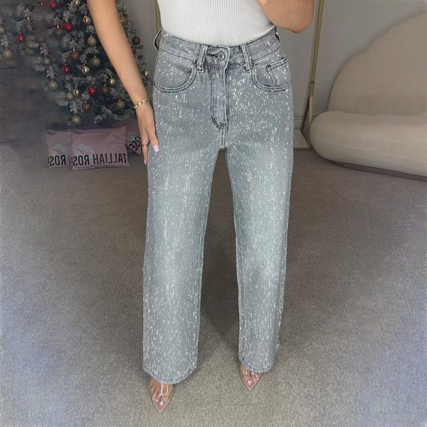 Women's Clothing Street Style Design Full Diamond Straight Jeans Women Spring And Summer Style High Waist Versatile Pants Women's Denim