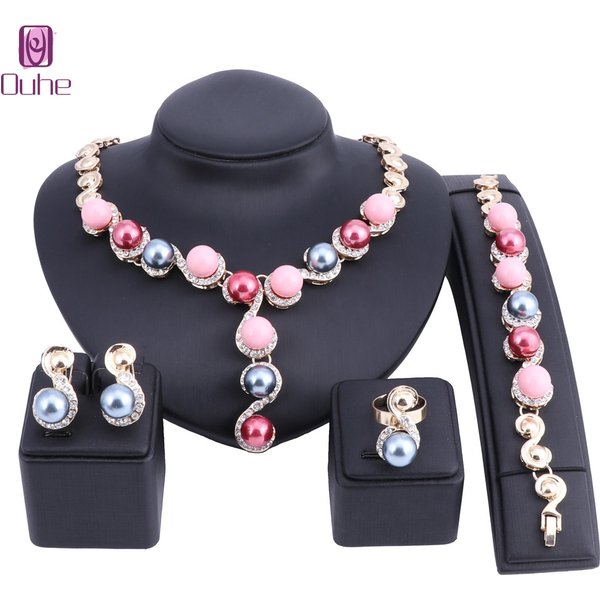 Vintage Women Girls Choker Chunky Simulated Pearl Crystal Statement Necklace Earring Bridal Jewelry Set-image