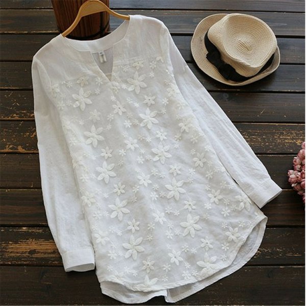Women's Lace Embroidery Long Sleeve Shirt Loose Top T-shirt