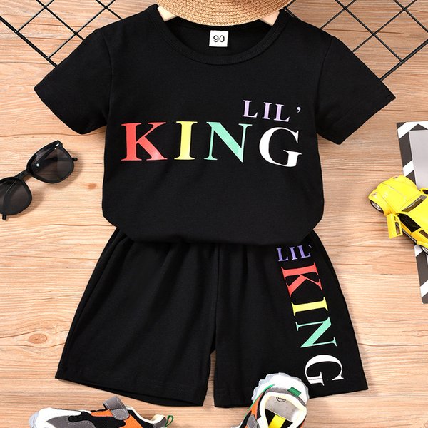 Mother&Kids Boys Short Sleeve Set Summer Children Colorful Letter-Printed T-Shirt Shirt Shorts Two Sets-image