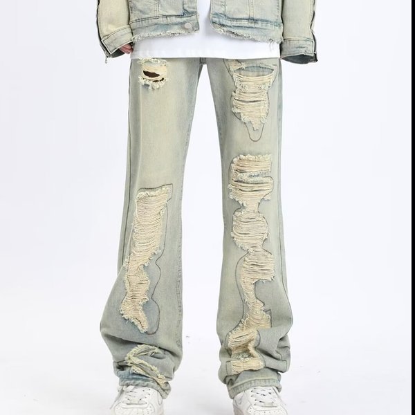 Men's Clothing High Street Retro Wide Leg Jeans Men's Spring And Summer New Loose Versatile Ripped Design Straight Pants