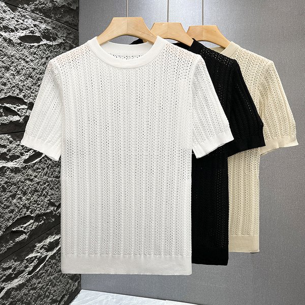 Men's Clothing Summer New Short Sleeved Sweater For Men Hollow Ice Silk Breathable Texture Slim Fit Business Casual-image