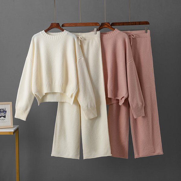 Women's Clothing Vintage Chic Women's Knit Sweater & Side-Slit Wide-Leg Pants Set – Cozy Autumn Two-Piece Outfit-image