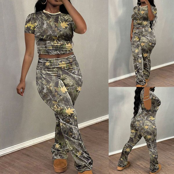 Women's European American Style Casual Suit Autumn Distressed Print Short Sleeve Long Legged Pants mid Waist Polyester