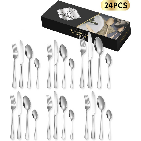 Premium 24-Piece 1010 Stainless Steel Cutlery Set - 4 Main Pieces Western Dining Knife Fork Spoon In Minimalist Gift Box