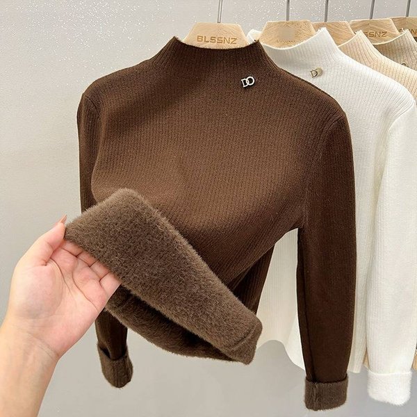 Women's Fleece-Lined High-Neck Knit Sweater - Soft Warm Winter Turtleneck Pullover, Slim Fit Thermal Top For Casual & Office Wear-image
