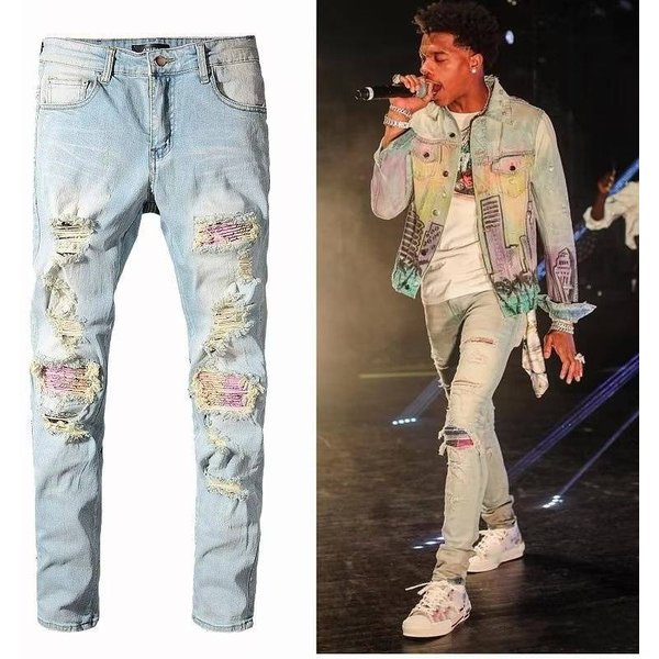 Men's Clothing High Street Fashion Brand Old Patch Paint Graffiti Hole Elastic Slim Washed Light Color Jeans