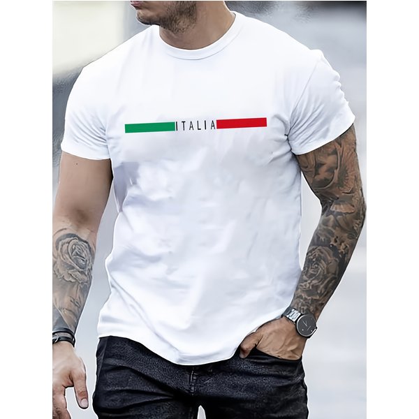 100% Pure Cotton Men's Spring And Autumn Fashion Short Sleeved T-shirt Italia Print Casual Slim Fit Versatile Top