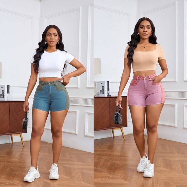 Women's Clothing Elastic Fashion Washed Stitching Hip Lifting Denim Shorts-image