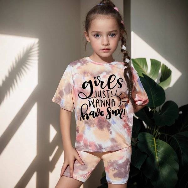 Mother & Kids Ins Girls Summer Casual Tie Dye Full Print Round Neck Short Sleeve 2 Piece Set Fashion Casual Suit-image