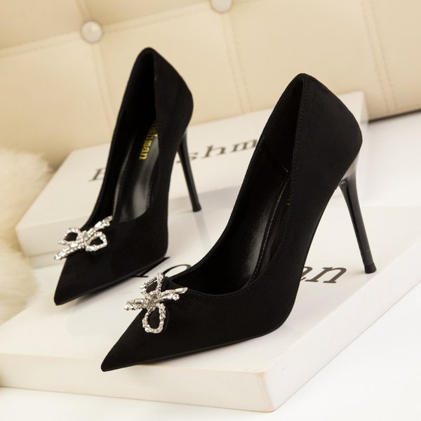 Women's Pumps Style Fashion High Heels Women's Shoes Stiletto High Heels Shallow Mouth Pointed Toe Rhinestone Bow Suede Shoes-image