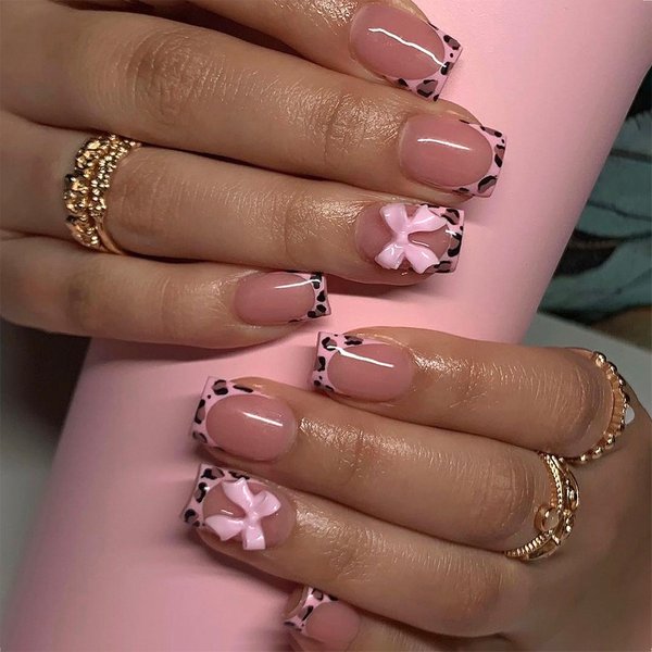 Short Bright Face Europe And The United States Cross-Border Foreign Trade Pink Leopard Contrast Color Bow Wearing Armor False Nails Removable 24 Piece-image