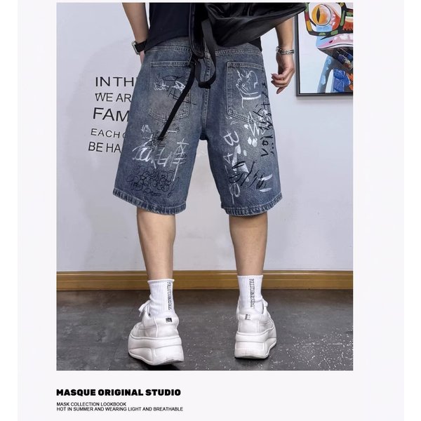 American Retro Distressed Graffiti Denim For Men Summer Straight Wide-Leg Street Style Loose Casual Five-Point Shorts