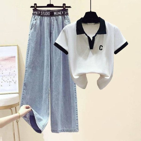 Women's Clothing Lapel Polo Shirt Short Sleeved T Shirt Female Summer New Loose High Waist Wide Leg Pants