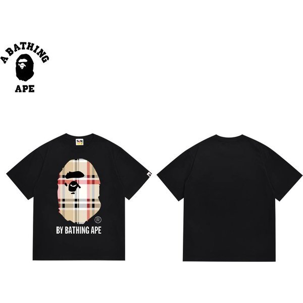 A Bathing Ape Bape-Plaid Monkey Head Letter Printed Short Sleeved T-Shirt Made Of Pure Cotton Fabric-image