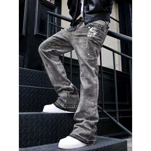 Men's Hip-Hop Flaming Skull & Stars Denim Jeans - 100% Cotton Streetwear Designer Jeans AAA