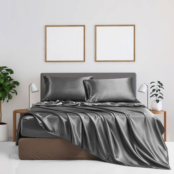 Satin Bed Sheet Set 4 Piece Luxury Bedding With Fitted Sheet Flat Sheet Pillowcases Ultra Soft Skin Friendly Fabric-image