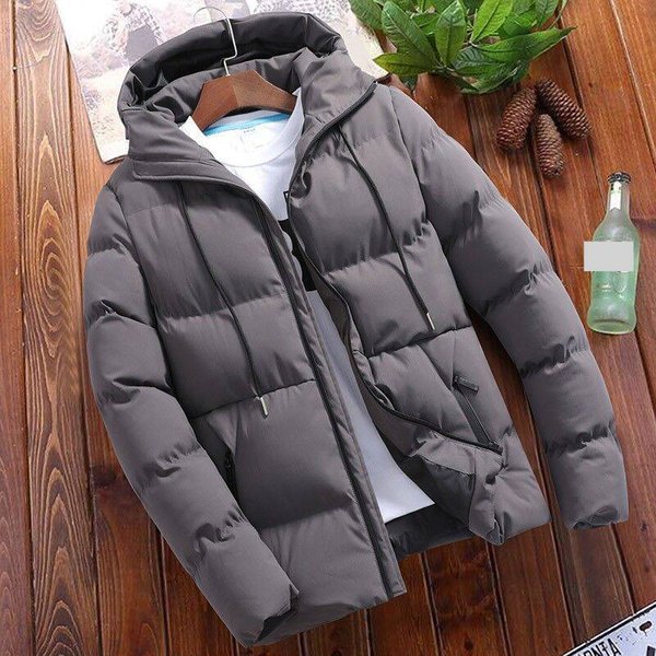 Men's Solid Color Hooded Winter Jacket - Thickened Polyester Coat With Zip Front, Side Pockets, Slim Fit For Casual Streetwear