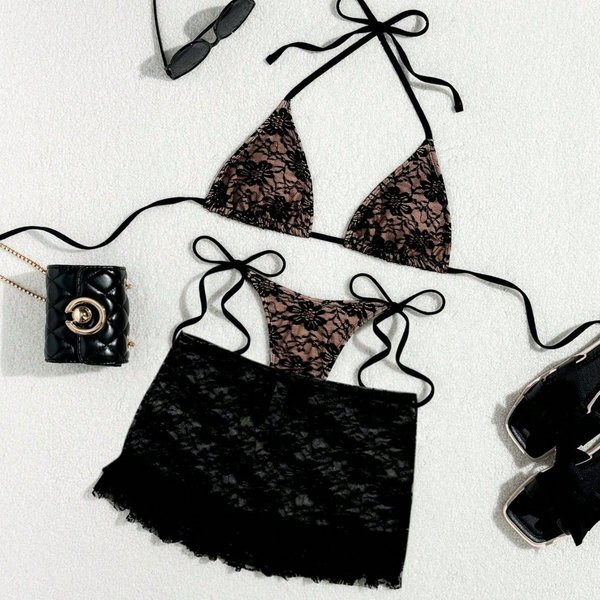Women's Lace Bikini Set – 3-Piece High-Waist Swimwear With Sheer Cover-Up, Quick-Dry Nylon & Polyester (S-Xl)