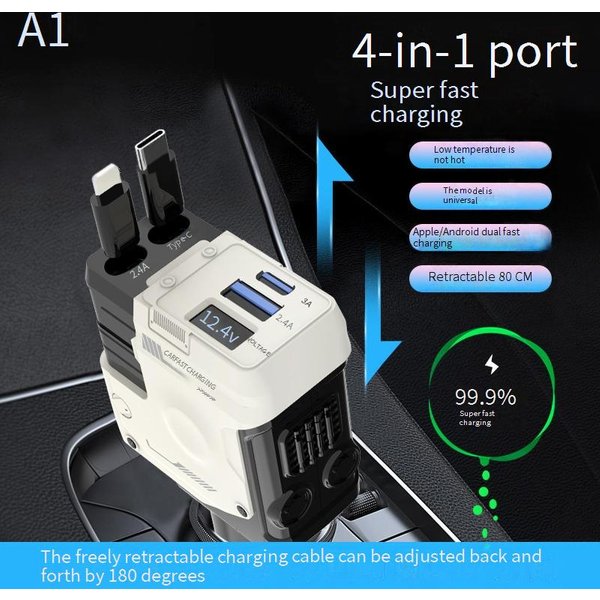 Car Chargers New Car Charger With Retractable Cable 4 In 1 Fast Charging Mecha Style Digital Display Cigarette Lighter Car Charger-image