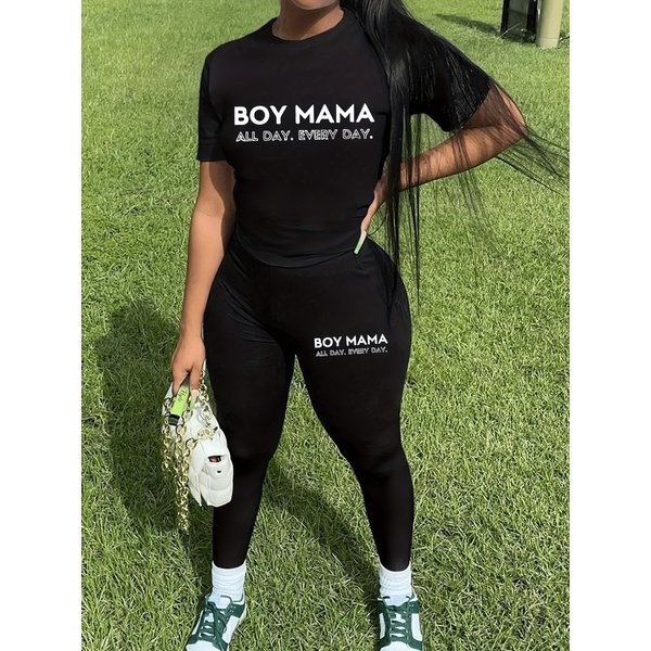Women's Casual Loose And Fashionable Boy Mama Letter Pattern Printed Loose T-shirt+cropped Pants Two-piece Set Summer Home Sportswear Daily Wear-471
