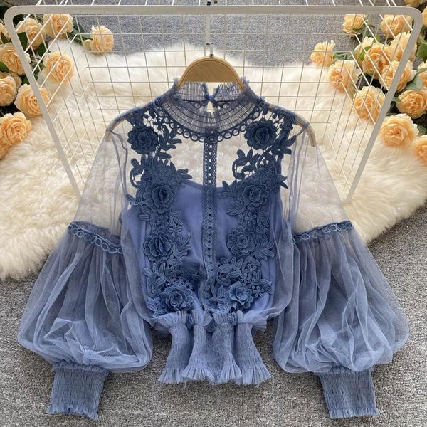 Women's Niche Three-Dimensional Flower Collage See-Through Mesh Lantern Sleeve Slim Short Top Women's Lace Bottoming Shirt-image